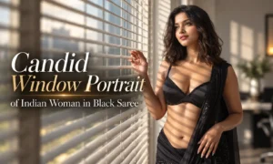 Candid Window Portrait of Indian Woman in Black Saree