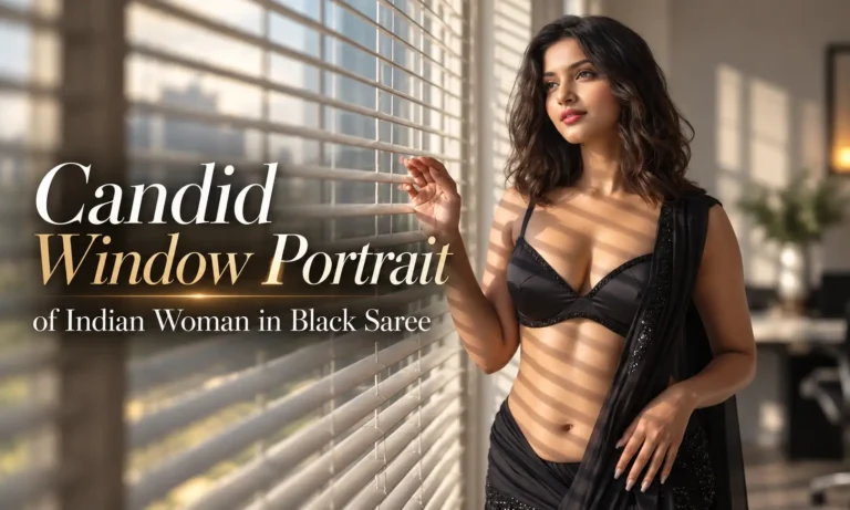 Candid Window Portrait of Indian Woman in Black Saree