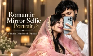 Romantic Mirror Selfie Portrait of Indian Couple with Dupatta