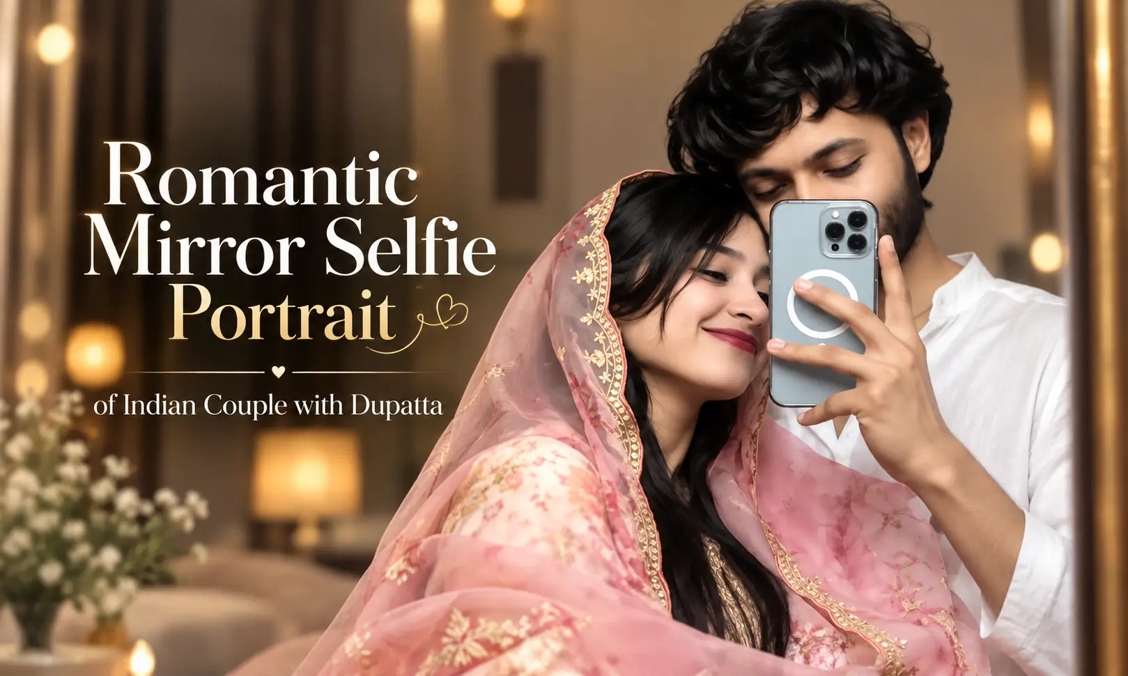 Romantic Mirror Selfie Portrait of Indian Couple with Dupatta